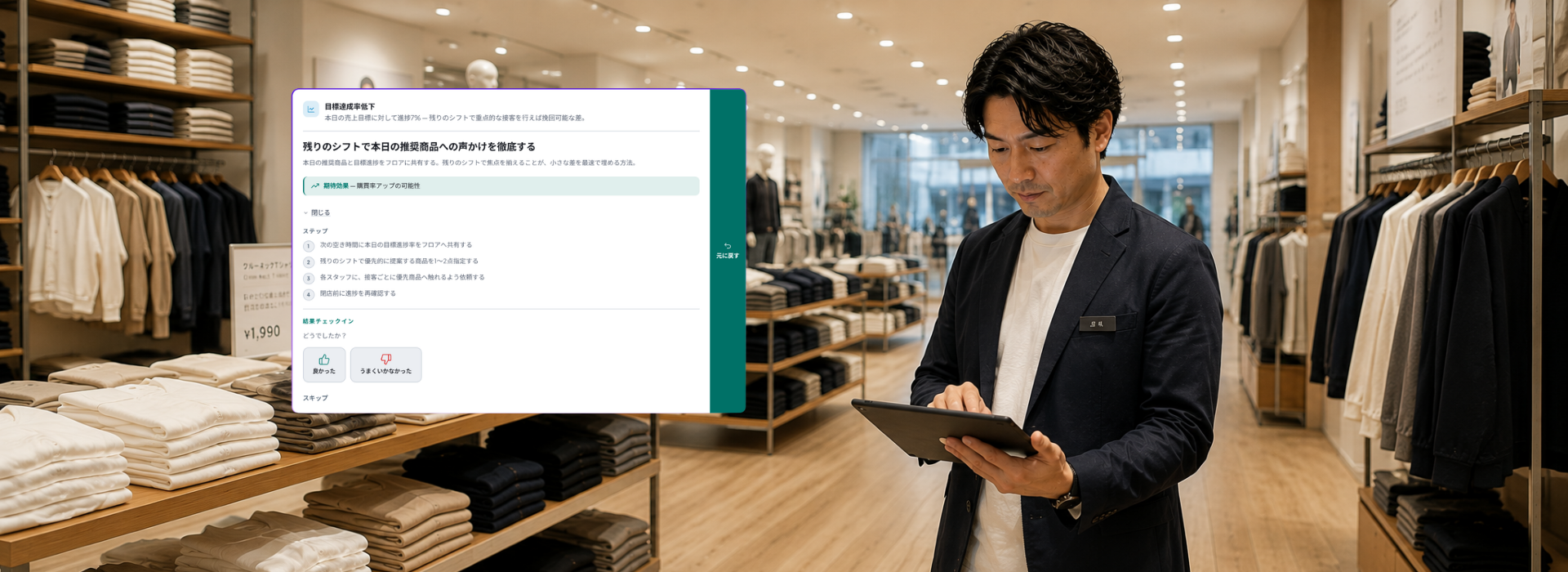 店舗データを確認し、Flow AIで分析結果と次の行動を確認する店舗マネージャー