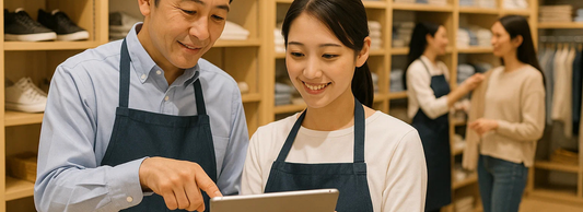 店舗スタッフと本部担当者がタブレットでデータを確認しながら店舗運営改善について話し合う様子