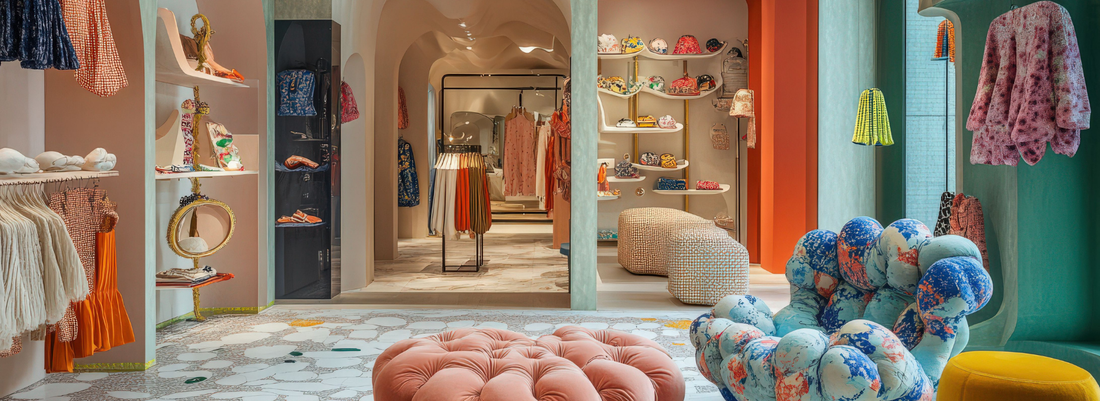 都市型アパレル店舗の売場全体イメージ。入口から奥へ続く動線とフロント什器の配置が分かる店内写真