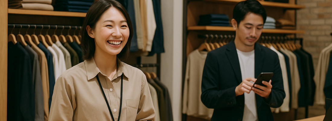 アパレル店舗で店長と本部スタッフがデータを共有しながら業務を進めている様子