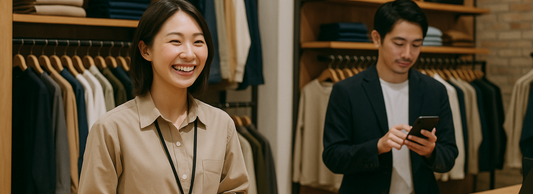 アパレル店舗で店長と本部スタッフがデータを共有しながら業務を進めている様子