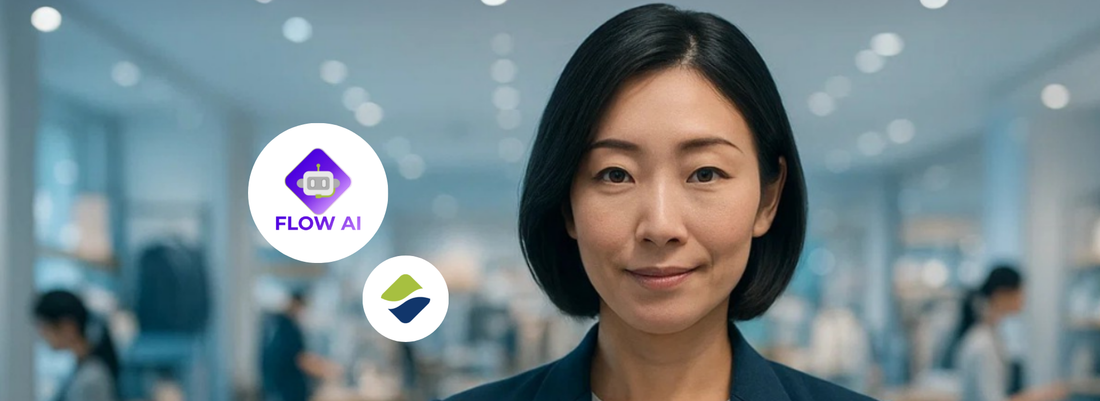 店頭スタッフがFlow AIを使ってリアルタイムの来店データと売場状況を確認している様子。小売現場での実務的なAI活用イメージ。