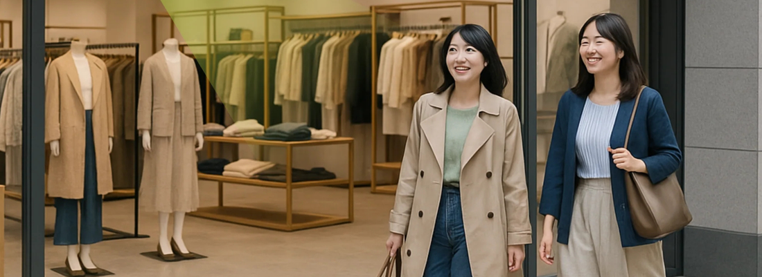 来店計測カメラと店舗前に立つ女性のイメージ