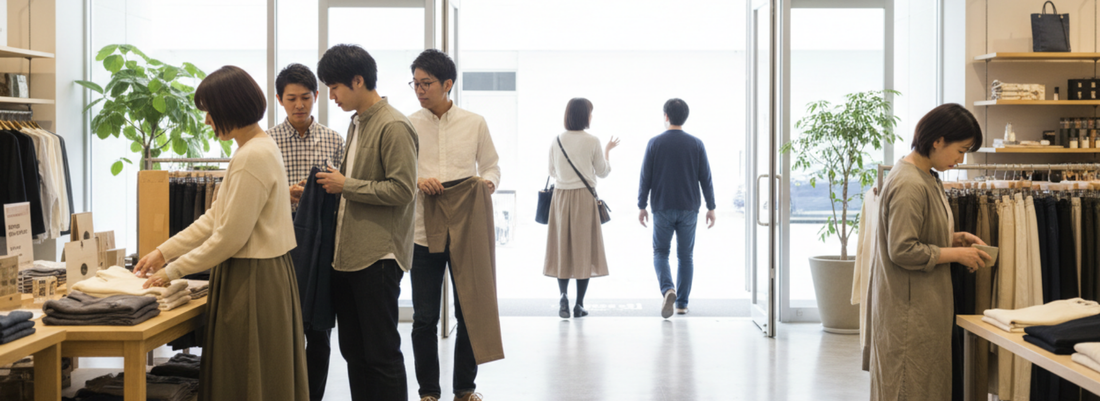 店舗入口付近で買い物中の来店者。直帰率分析による店舗改善イメージ
