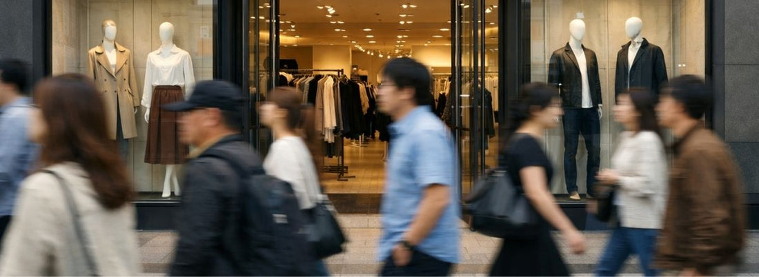 店舗前を通過する通行人と店頭の様子