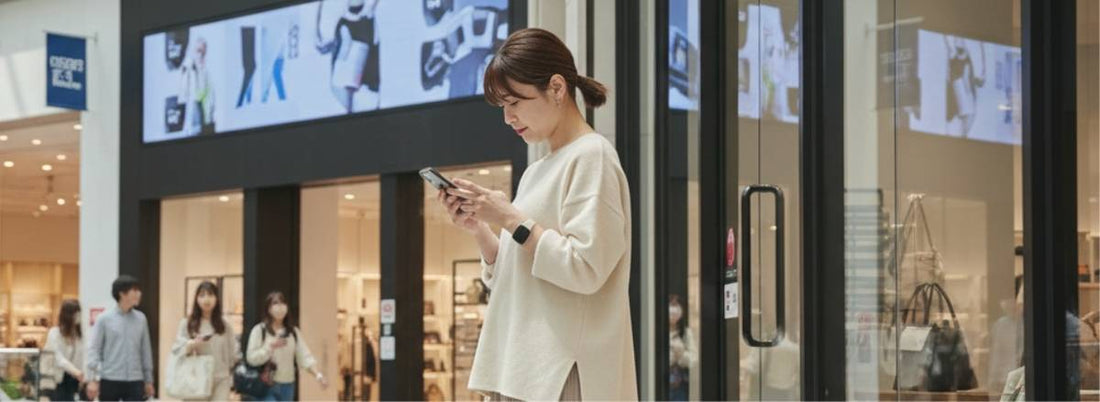 スマートフォンを見る若い女性。モバイル活用と購買行動の変化を示すイメージ