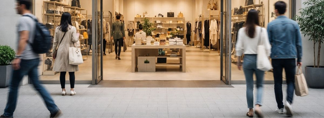 人の動きから、来店者分析の重要性を示す小売店舗の入口風景